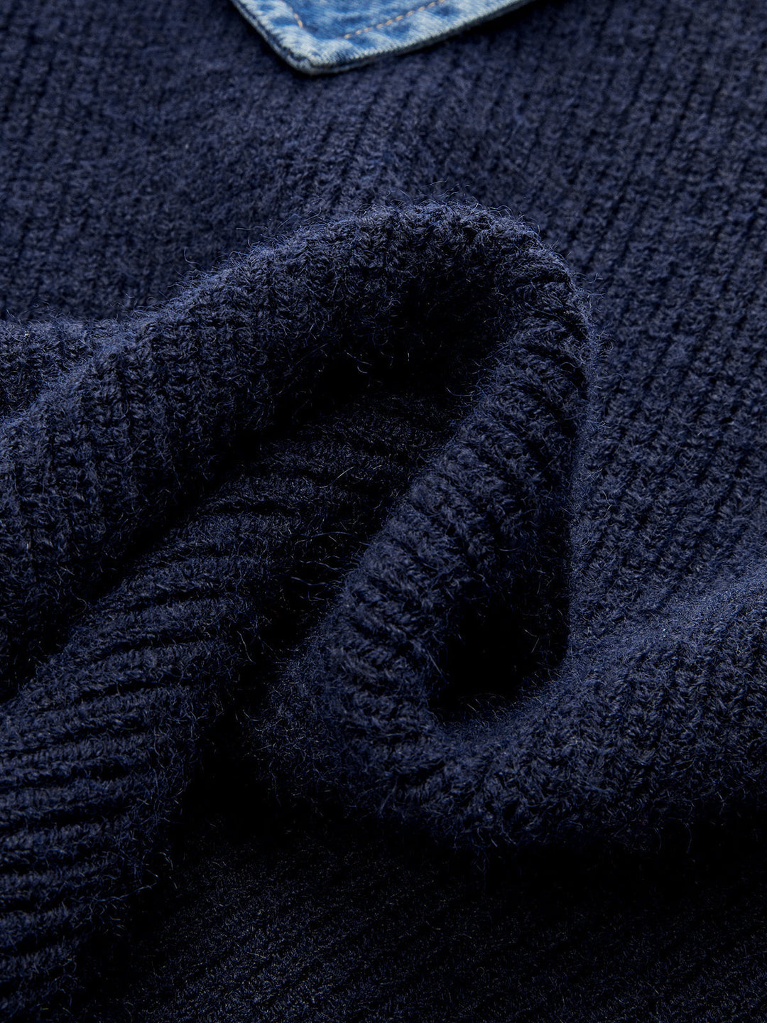 Denim Panel Asymmetric V-Neck Knit Top  Liora Lane Boutique Knit Tops