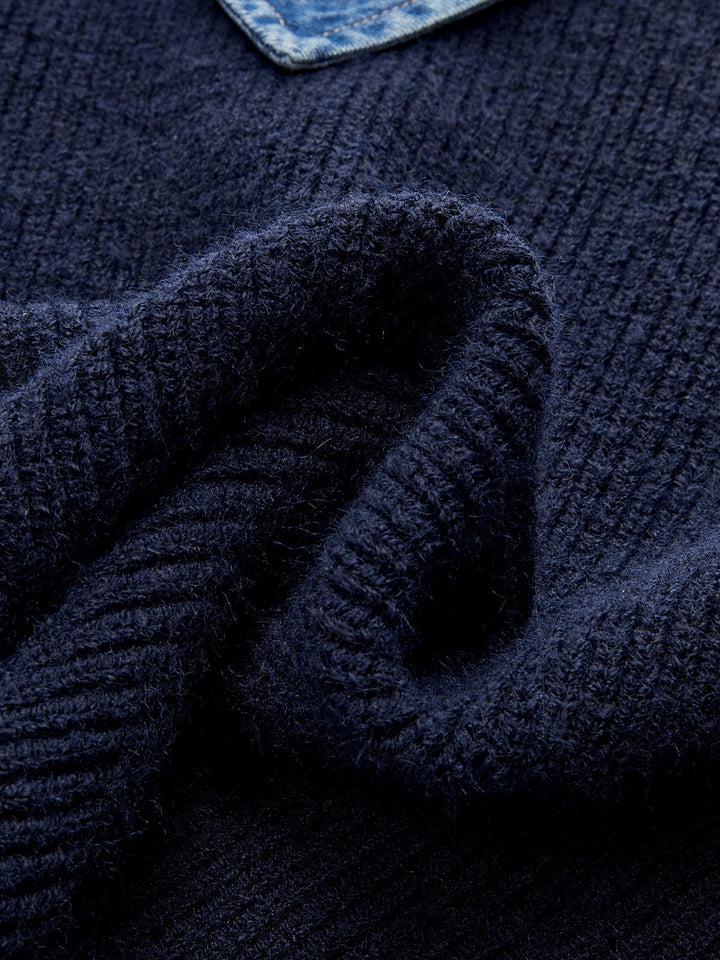 Denim Panel Asymmetric V-Neck Knit Top  Liora Lane Boutique Knit Tops