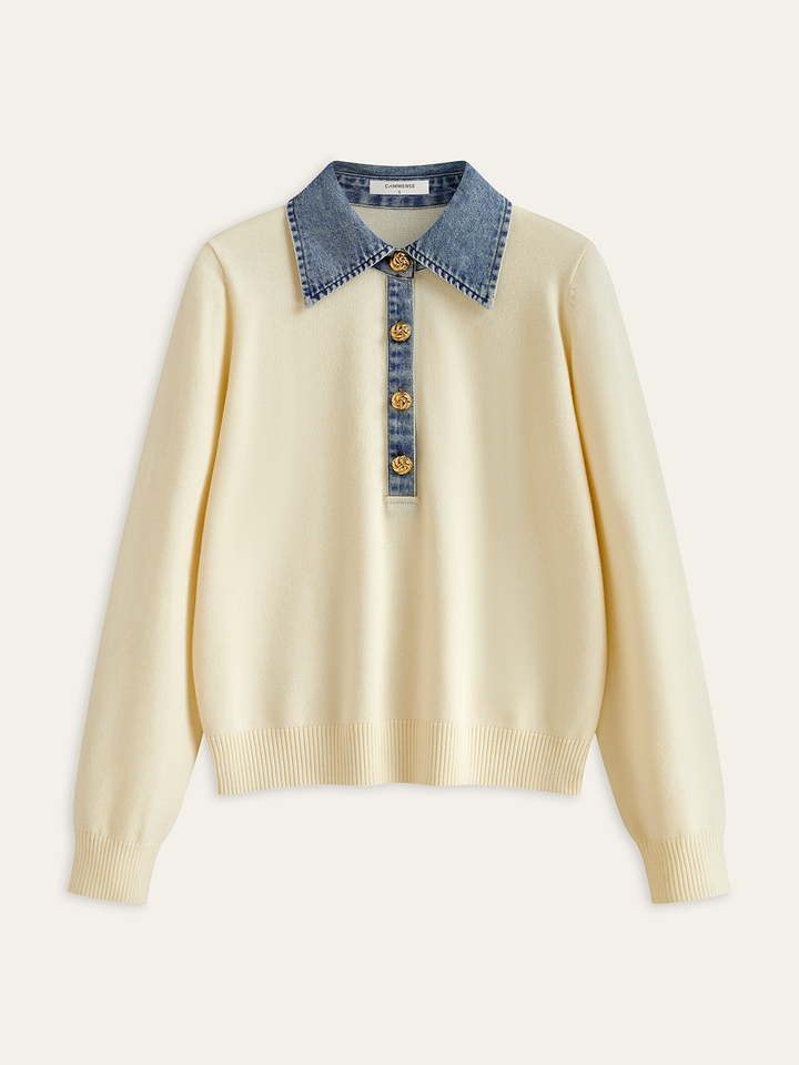 Denim Collar Wool Blend Knit Top  Liora Lane Boutique Knit Tops Apricot / XL 54.00