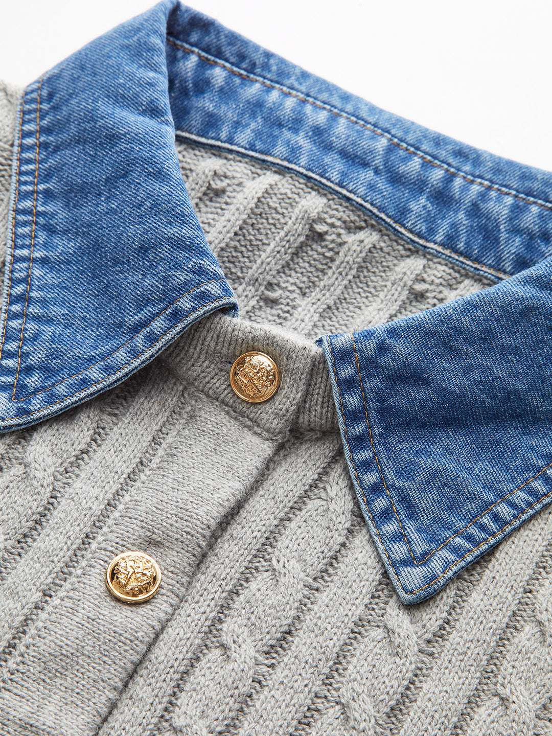 Metal Button Denim Collar Cable-Knit Top  Liora Lane Boutique Knit Tops