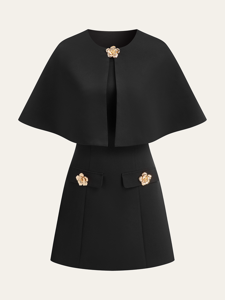 Detachable Cape Metal Floral Detail Dress Set  Liora Lane Boutique Skirt Sets Black / XL 72.00