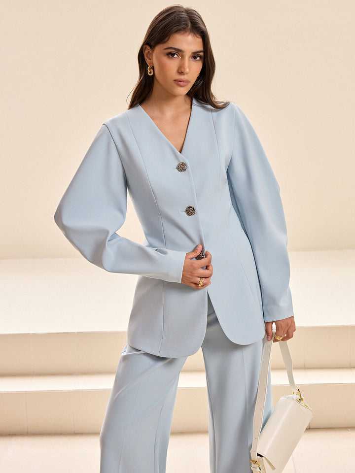 Puffed Sleeve V-Neck Blazer  Liora Lane Boutique Blazers
