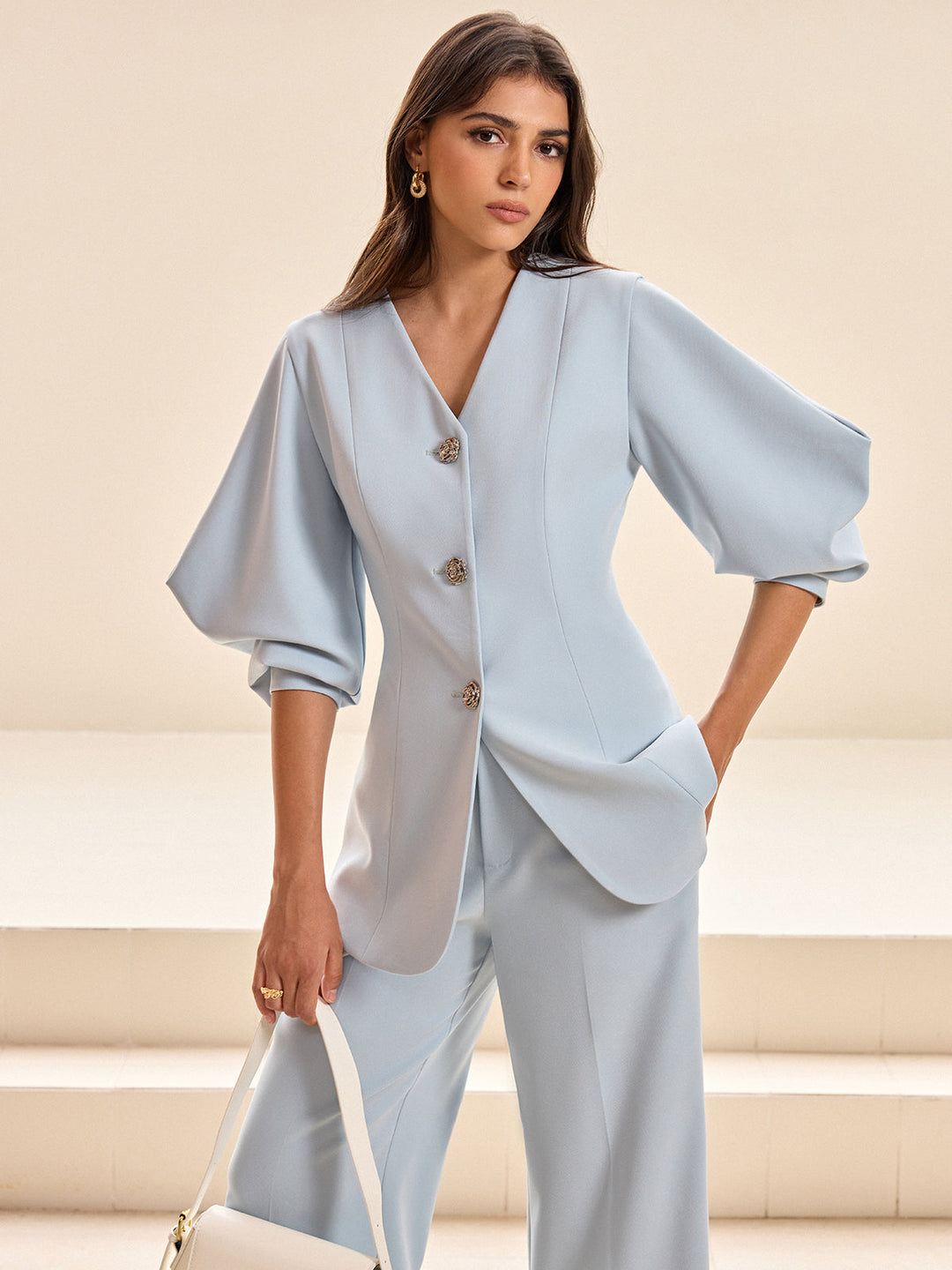 Puffed Sleeve V-Neck Blazer  Liora Lane Boutique Blazers Blue / XL 146.00