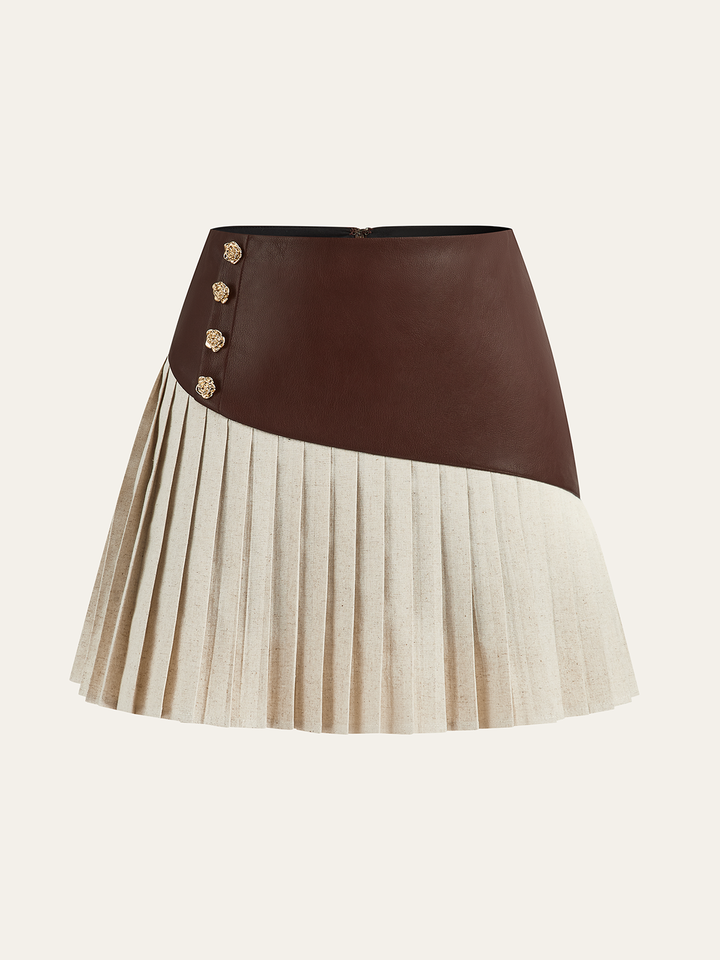 PU Panel Cotton & Linen Pleated Mini Skirt  Liora Lane Boutique Skirts Brown / XL 39.00