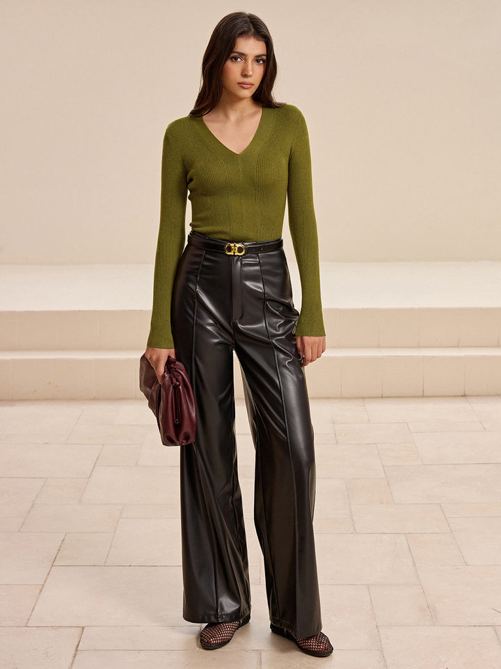 V-Neck Ribbed Fitted Long Sleeve Knit Top  Liora Lane Boutique Knit Tops