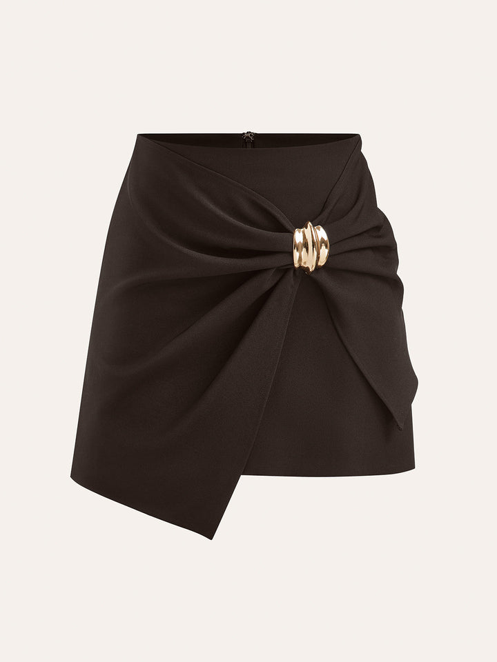Asymmetric Ruched Wrap Mini Skirt with Metal Buckle  Liora Lane Boutique Skirts Brown / XL 32.00