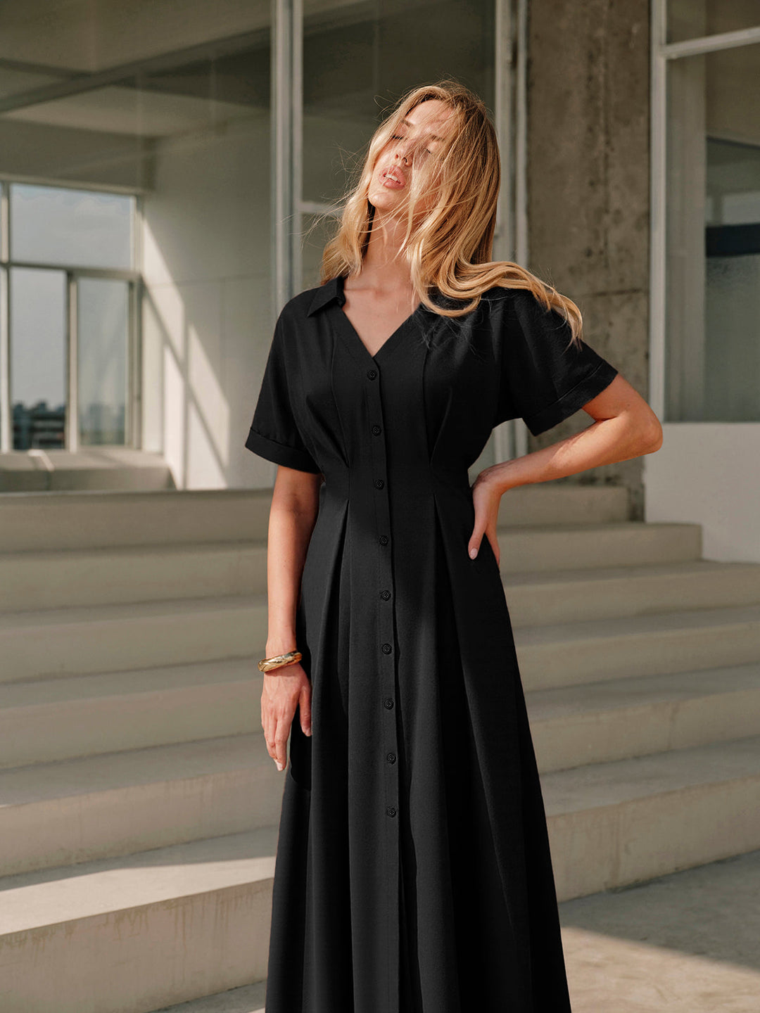 Pleated Button-Front Shirt Dress  Liora Lane Boutique Dresses Black / XL 89.99