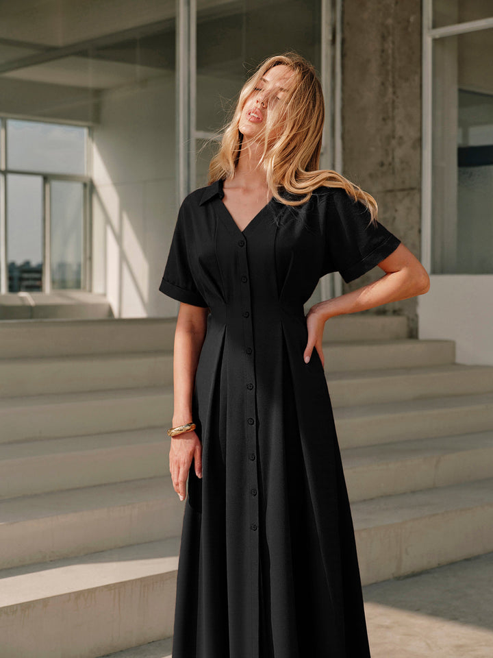 Pleated Button-Front Shirt Dress  Liora Lane Boutique Dresses Black / XL 89.99
