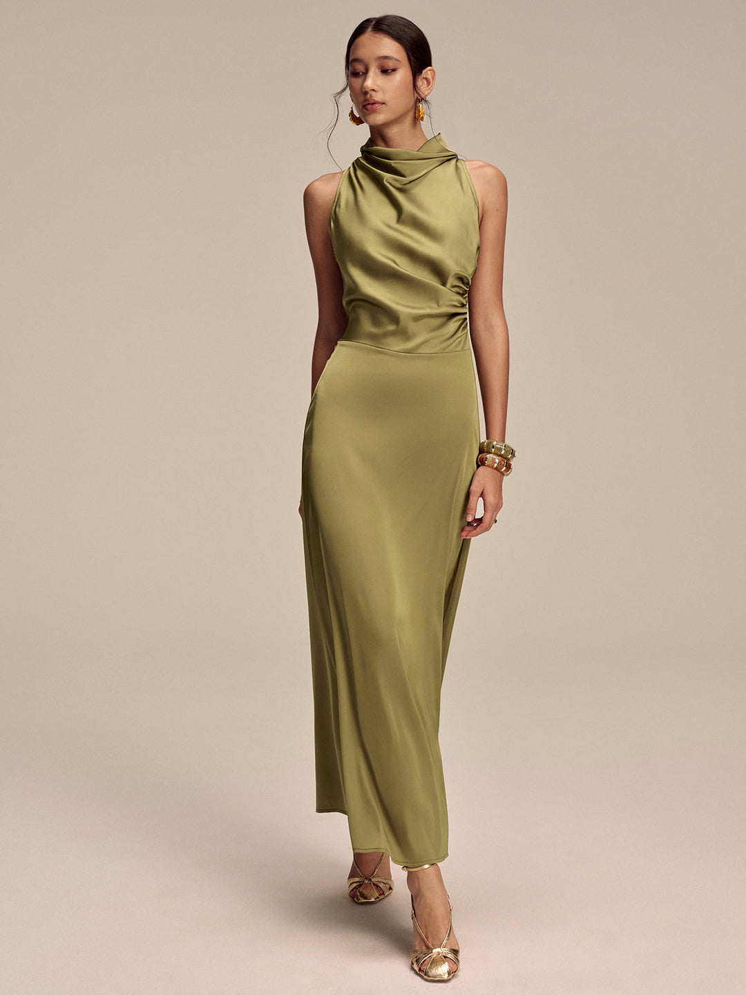 Satin Mock Neck Sleeveless Maxi Dress  Liora Lane Boutique Dresses Green / XL 46.00