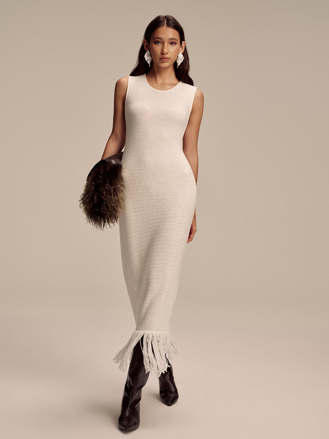 Fringe Hem Sleeveless Knit Maxi Dress  Liora Lane Boutique Sweater Dresses Apricot / XL 162.99