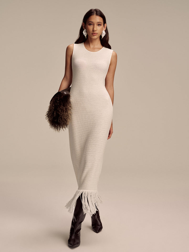 Fringe Hem Sleeveless Knit Maxi Dress  Liora Lane Boutique Sweater Dresses Apricot / XL 162.99