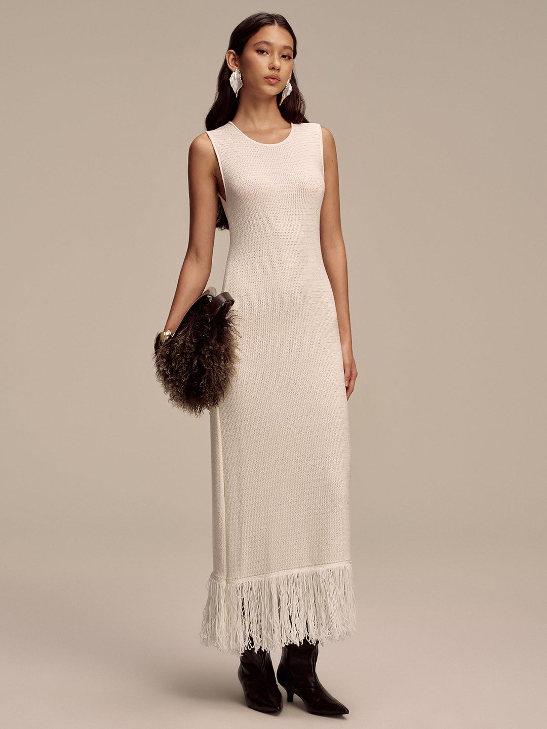 Fringe Hem Sleeveless Knit Maxi Dress  Liora Lane Boutique Sweater Dresses