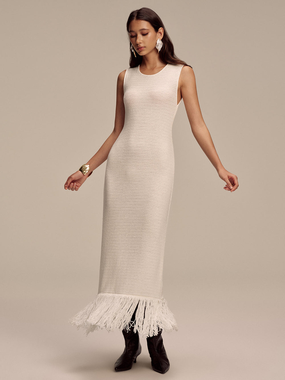 Fringe Hem Sleeveless Knit Maxi Dress  Liora Lane Boutique Sweater Dresses