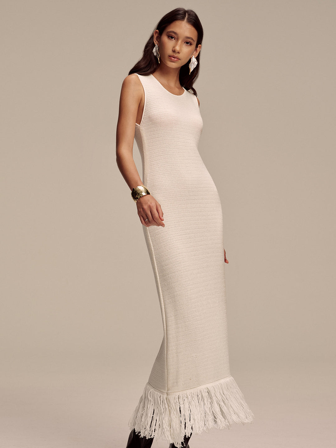 Fringe Hem Sleeveless Knit Maxi Dress  Liora Lane Boutique Sweater Dresses