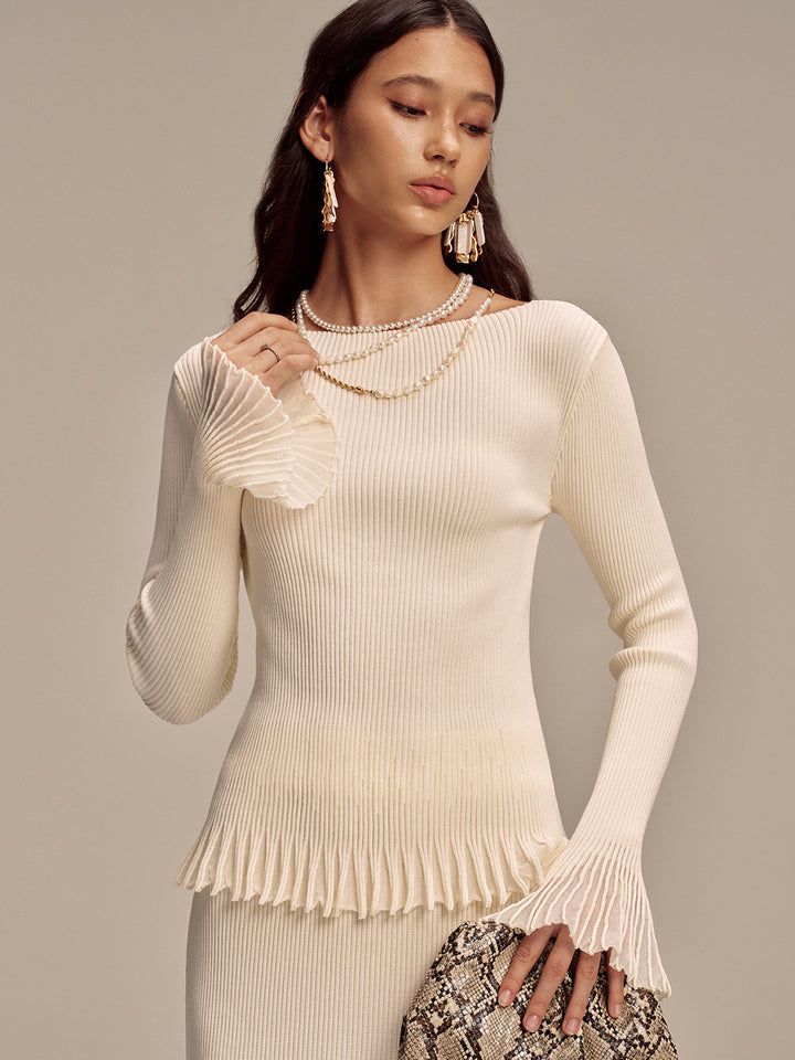 Ribbed Knit Mesh Ruffled Hem Bell Sleeve Top  Liora Lane Boutique Knit Tops
