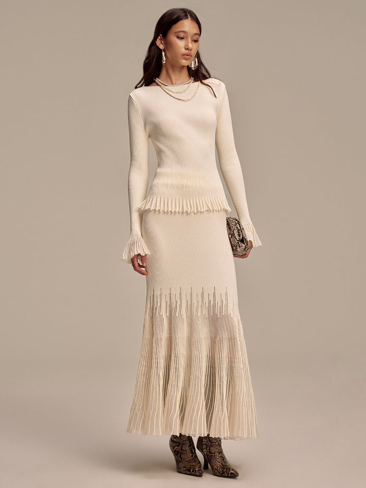 Ribbed Knit Mesh Ruffled Hem Bell Sleeve Top  Liora Lane Boutique Knit Tops