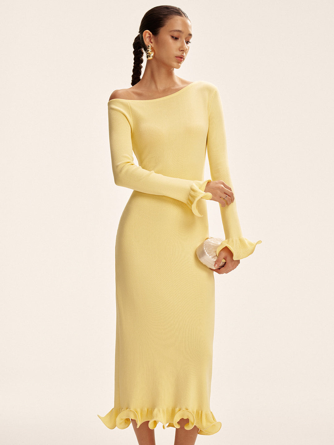 Off-Shoulder Ruffle Hem Sweater Dress  Liora Lane Boutique Sweater Dresses Yellow / XL 157.99