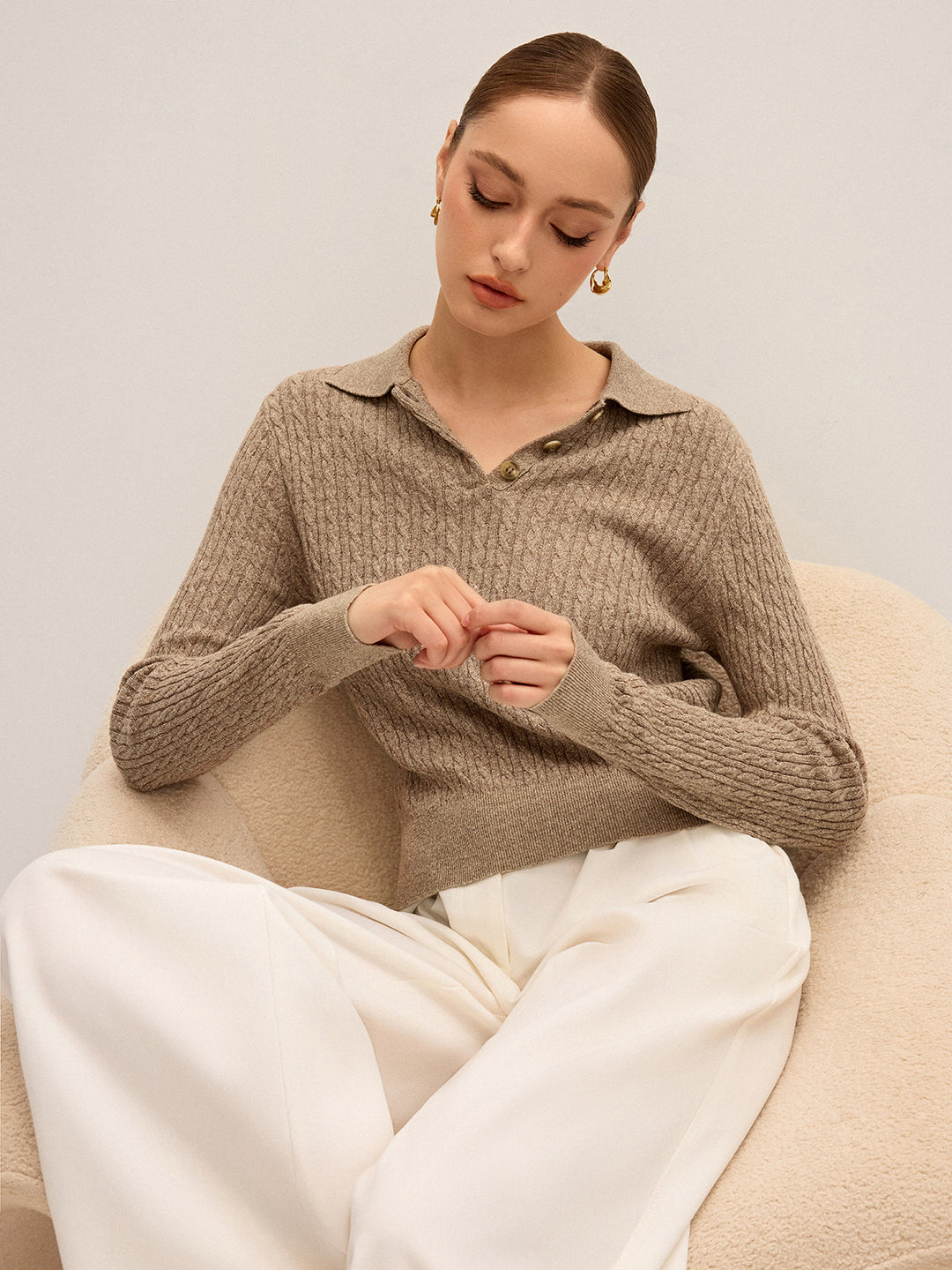 Cable Knit Cotton Collar Sweater  Liora Lane Boutique Sweaters Brown / XL 99.99