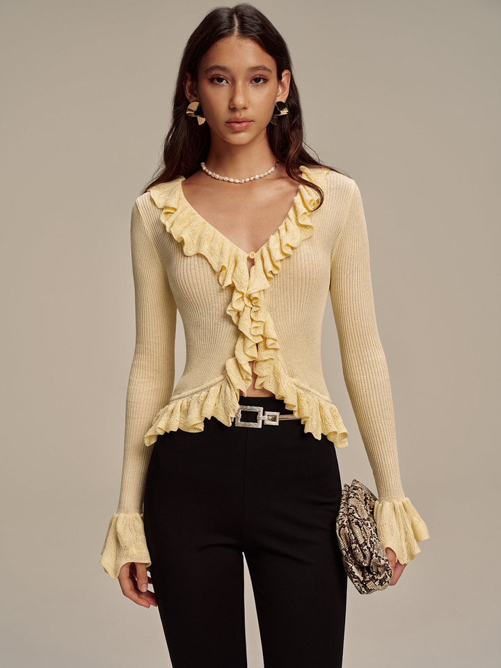 Ruffled V-Neck Knit Cardigan  Liora Lane Boutique Cardigans