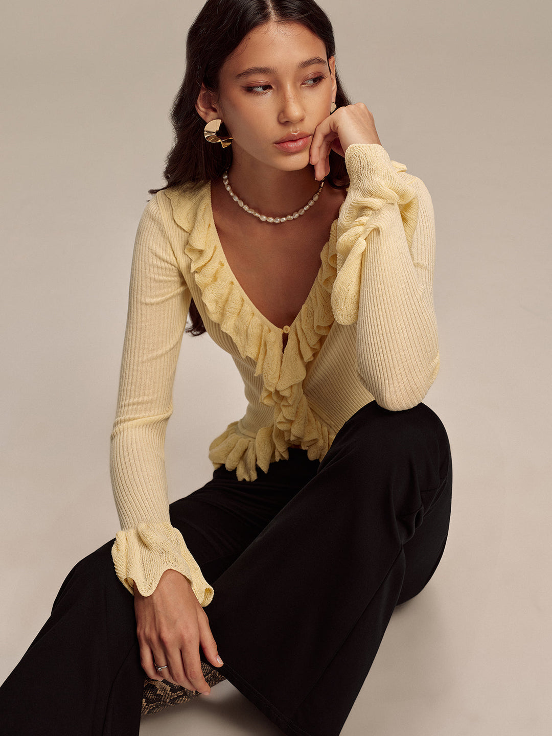 Ruffled V-Neck Knit Cardigan  Liora Lane Boutique Cardigans Yellow / XL 84.99