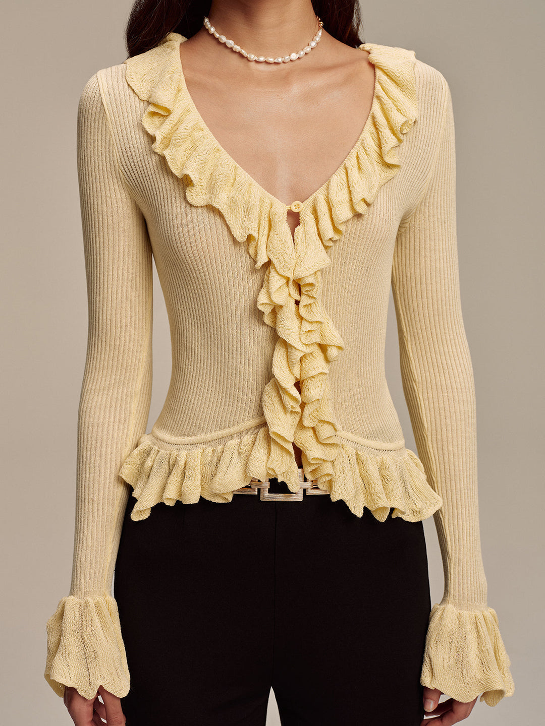 Ruffled V-Neck Knit Cardigan  Liora Lane Boutique Cardigans