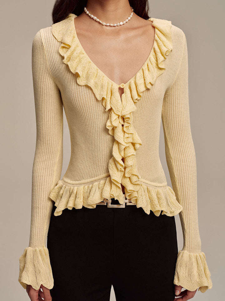 Ruffled V-Neck Knit Cardigan  Liora Lane Boutique Cardigans