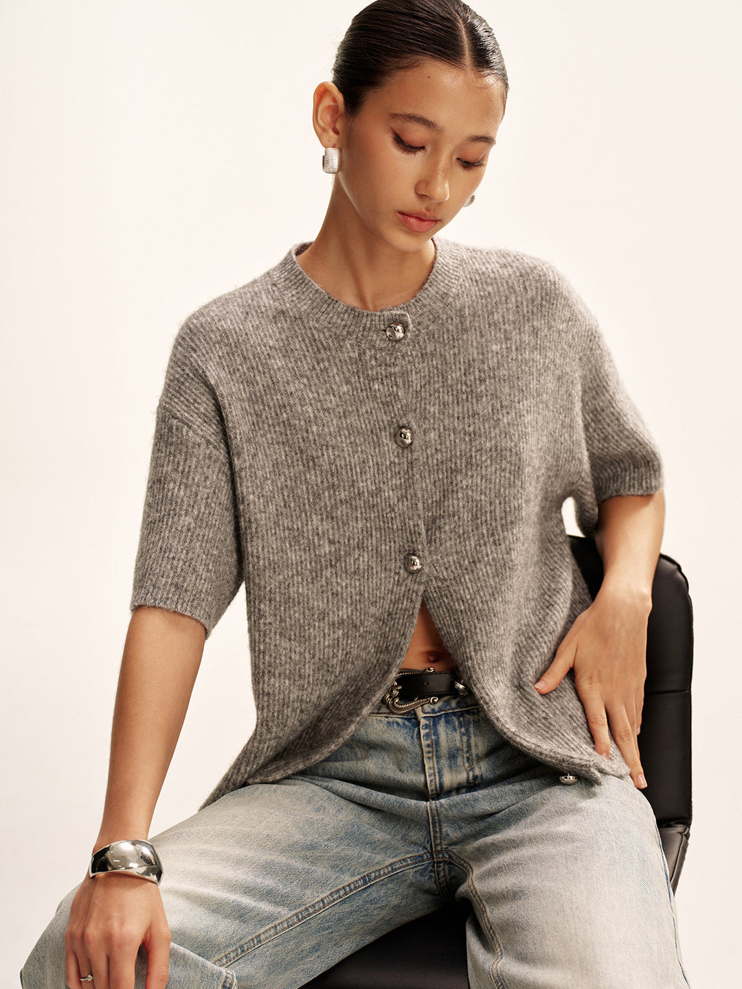 Wool-Blend Short-Sleeved Cardigan  Liora Lane Boutique Cardigans Grey / XL 42.00
