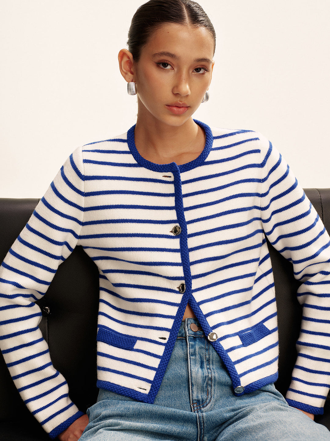 Striped Contrast Trim Knit Cardigan  Liora Lane Boutique Cardigans Blue / XL 52.00