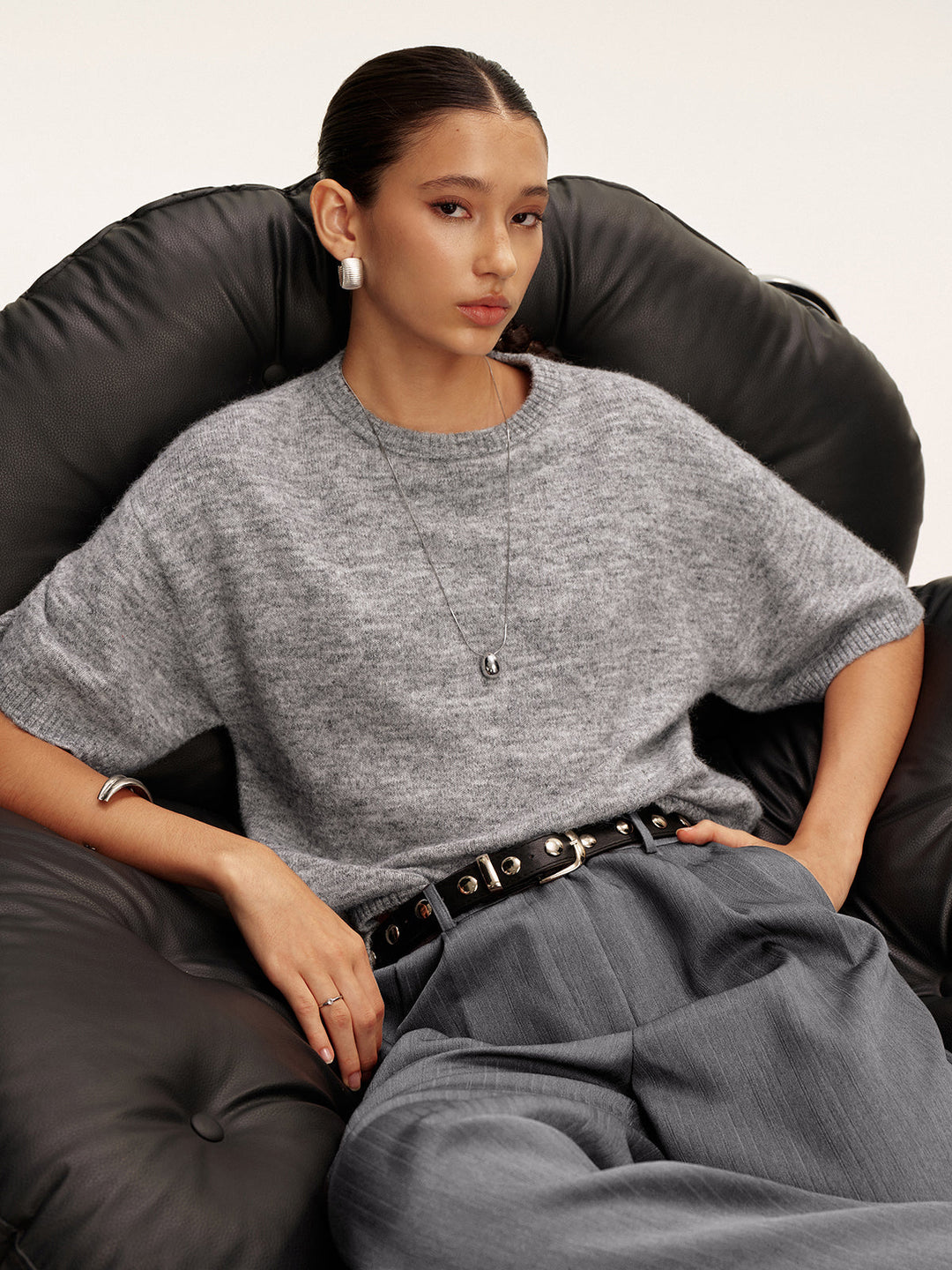 Wool-Blend Short Sleeve Sweater  Liora Lane Boutique Sweaters Grey / XL 38.00