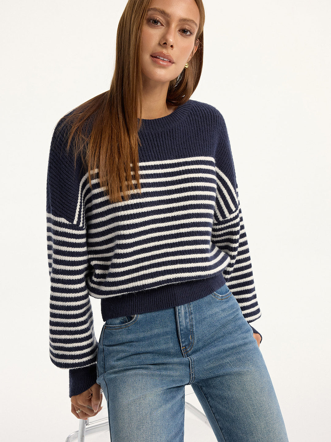 Stripped Ribbed Sweater  Liora Lane Boutique Sweaters Navy / XL 48.00