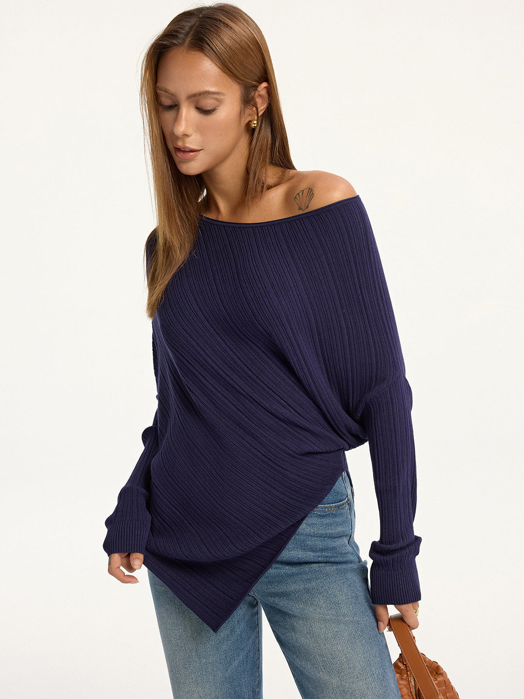 Textured Off-Shoulder Asymmetric Sweater  Liora Lane Boutique Sweaters