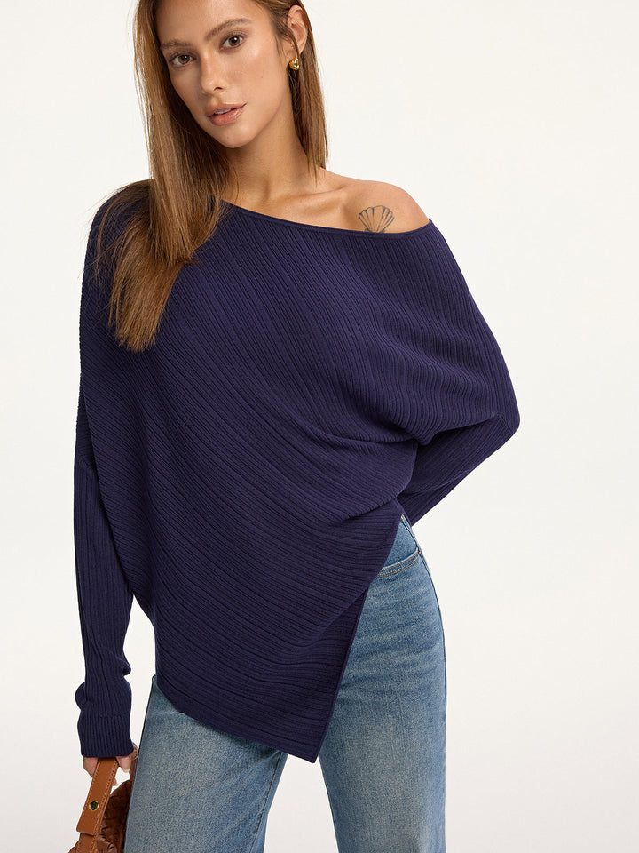 Textured Off-Shoulder Asymmetric Sweater  Liora Lane Boutique Sweaters Blue / XL 42.00