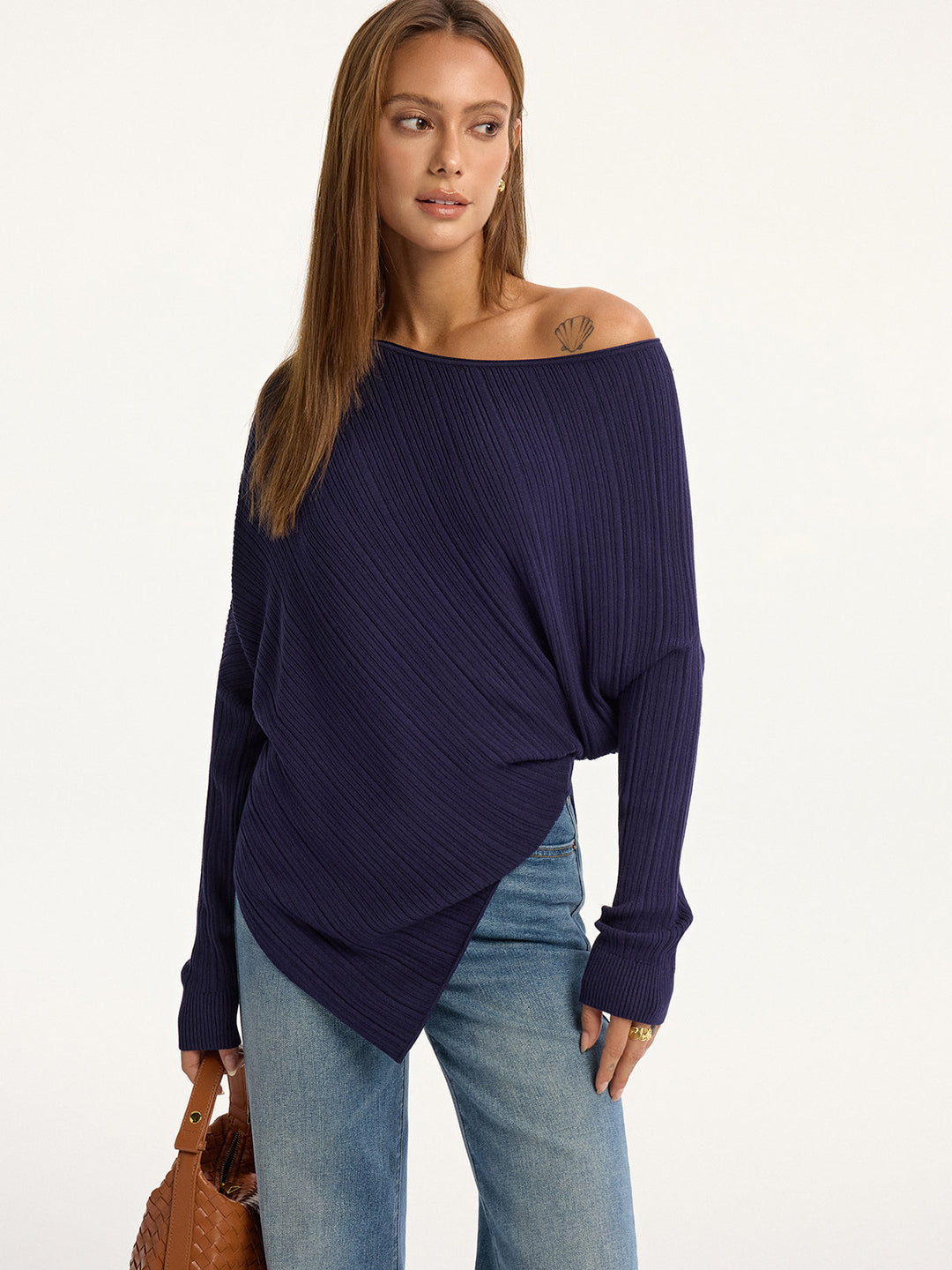 Textured Off-Shoulder Asymmetric Sweater  Liora Lane Boutique Sweaters