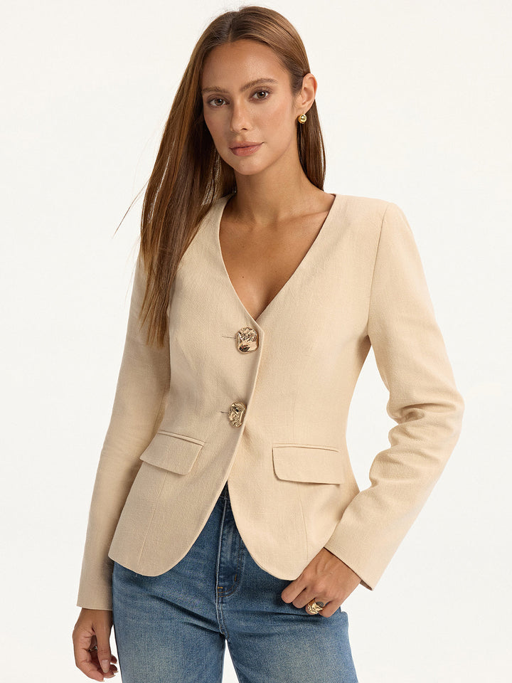 Linen & Cotton V-Neck Metal Button Blazer  Liora Lane Boutique Blazers