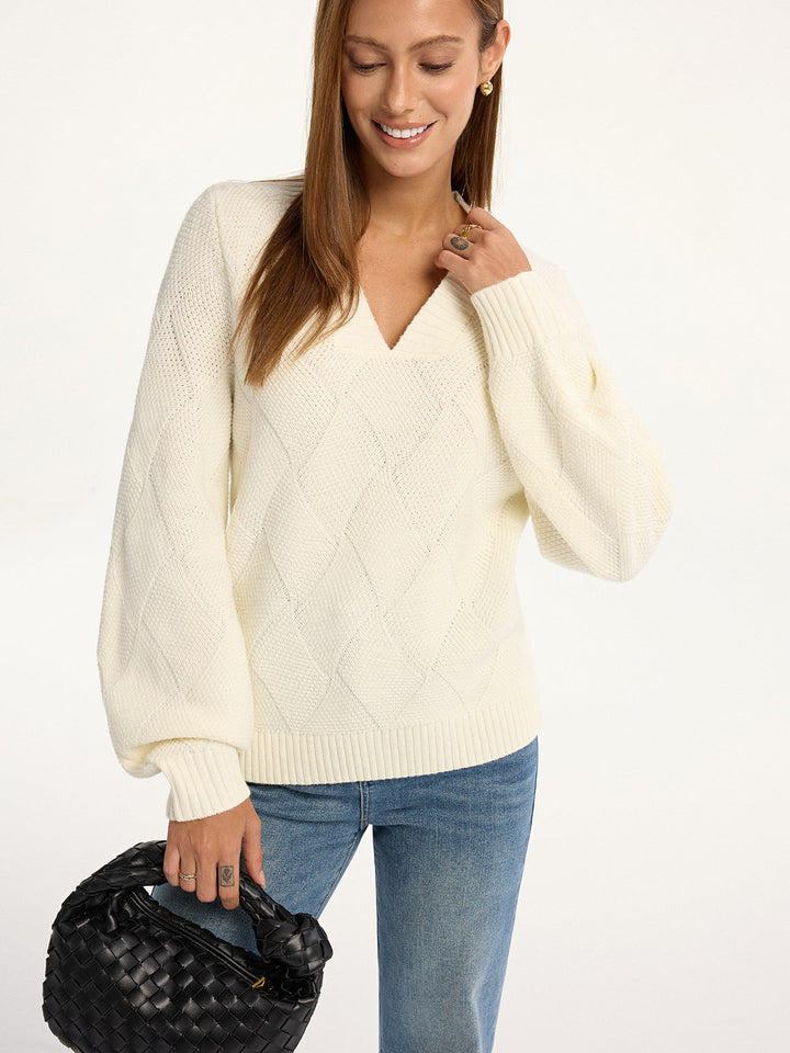 Wool-Blend Argyle Textured V-Neck Sweater  Liora Lane Boutique Sweaters