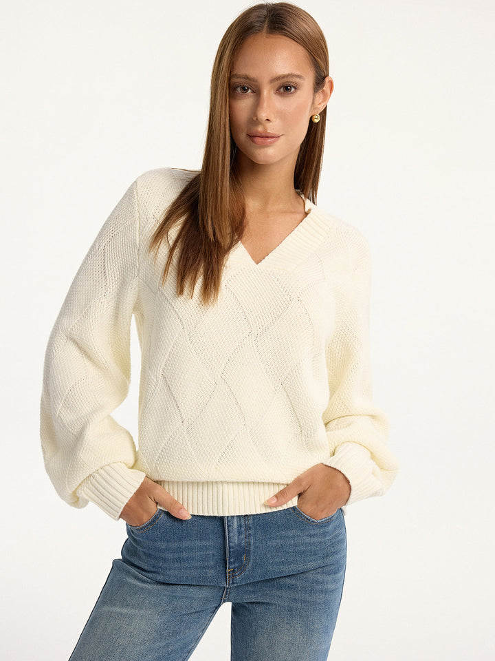 Wool-Blend Argyle Textured V-Neck Sweater  Liora Lane Boutique Sweaters White / XL 54.00