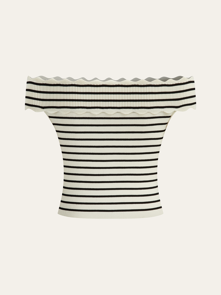 Striped Off-Shoulder Metal Button Knit Top  Liora Lane Boutique Knit Tops