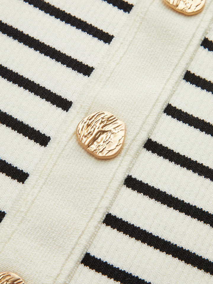 Striped Off-Shoulder Metal Button Knit Top  Liora Lane Boutique Knit Tops