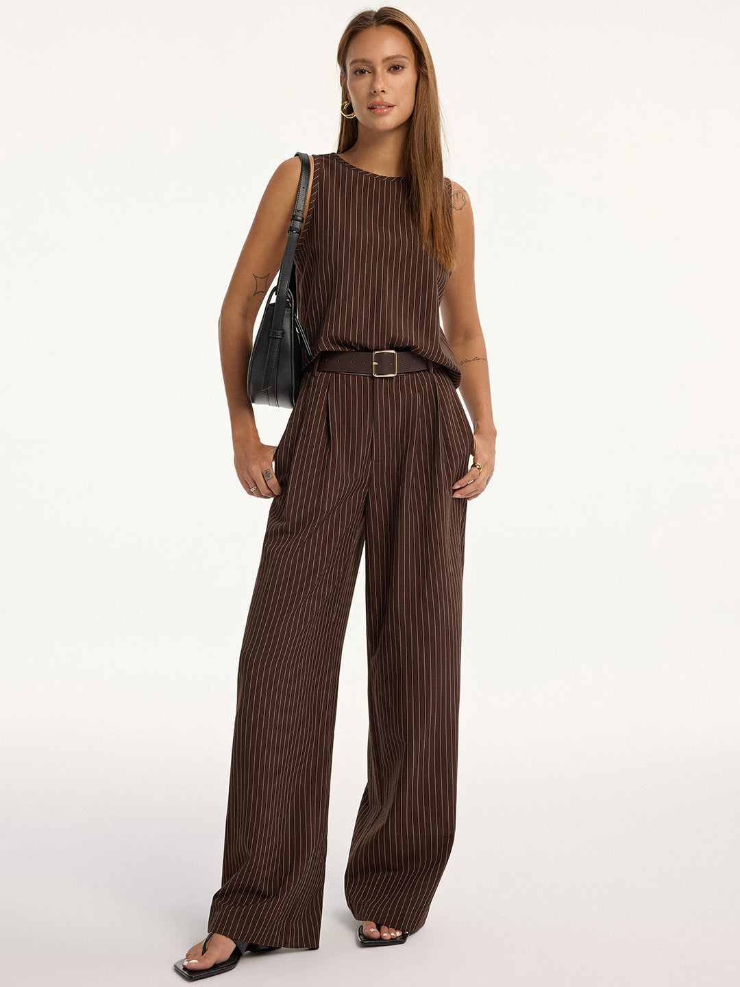 Pinstripe Sleeveless Top and Pants Set with Belt  Liora Lane Boutique Pant Sets Dark Brown / XL 156.99