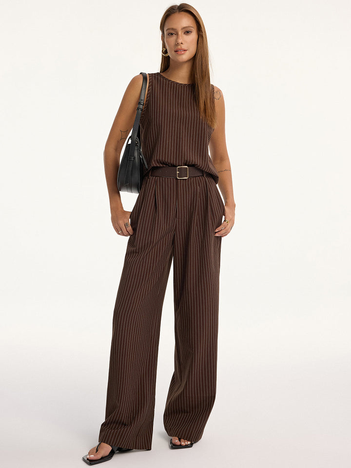 Pinstripe Sleeveless Top and Pants Set with Belt  Liora Lane Boutique Pant Sets Dark Brown / XL 156.99
