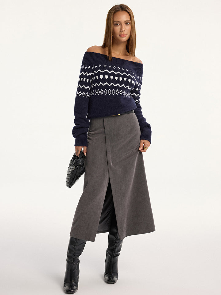 Off-Shoulder Fair Isle Knit Sweater  Liora Lane Boutique Sweaters Blue / XL 46.00