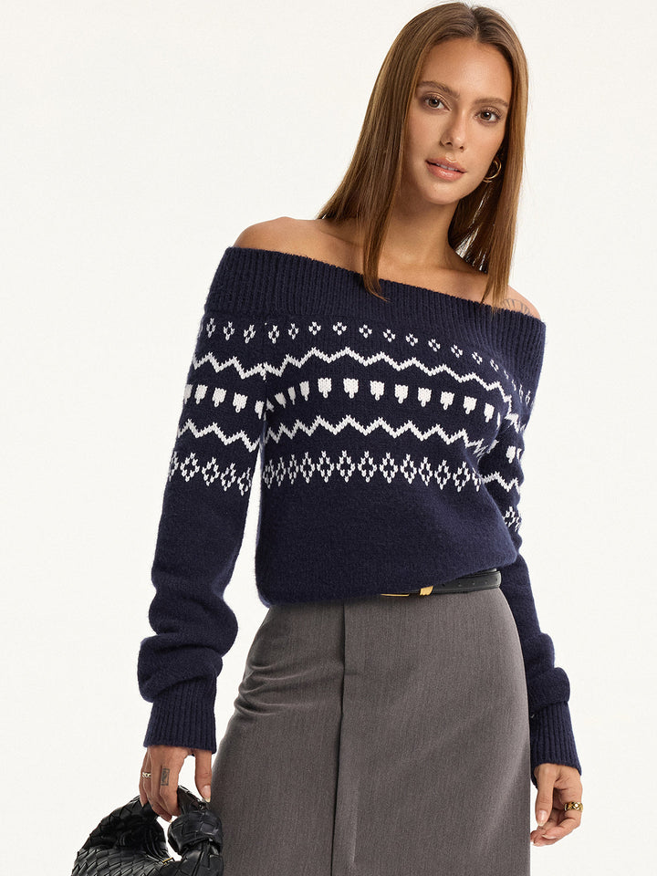 Off-Shoulder Fair Isle Knit Sweater  Liora Lane Boutique Sweaters