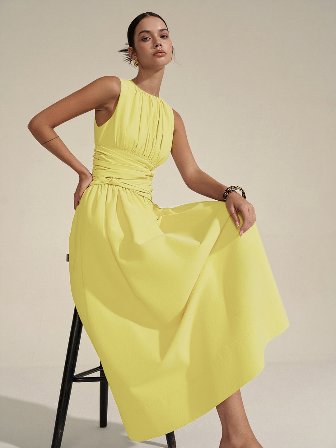 Ruched Waist Maxi Dress  Liora Lane Boutique Dresses LightYellow / XL 68.00