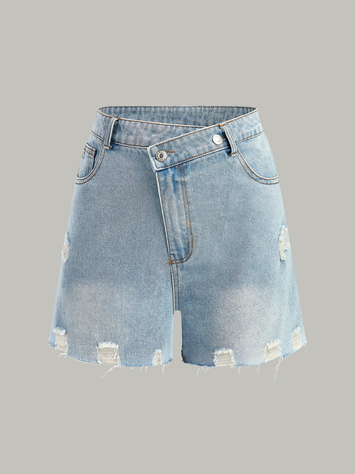 Asymmetric Waist Distressed Denim Shorts  Liora Lane Boutique Denim Shorts LightBlue / XL 45.00