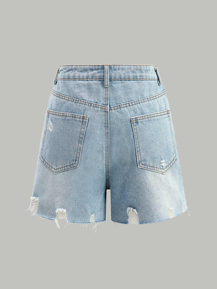 Asymmetric Waist Distressed Denim Shorts  Liora Lane Boutique Denim Shorts