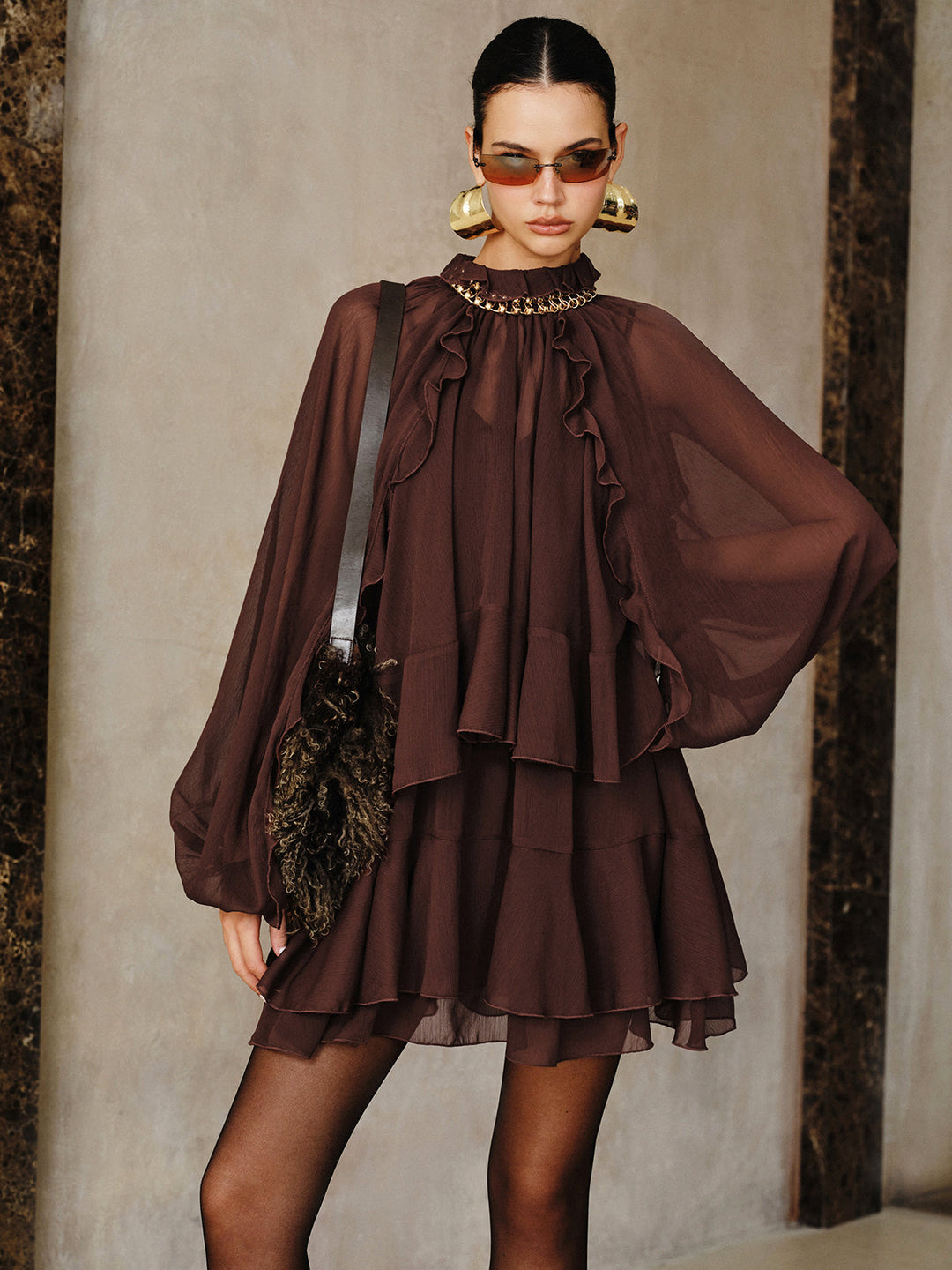 Tiered Ruffle Chiffon Mini Dress Set with Liner  Liora Lane Boutique Dresses Burgundy / XL 72.00
