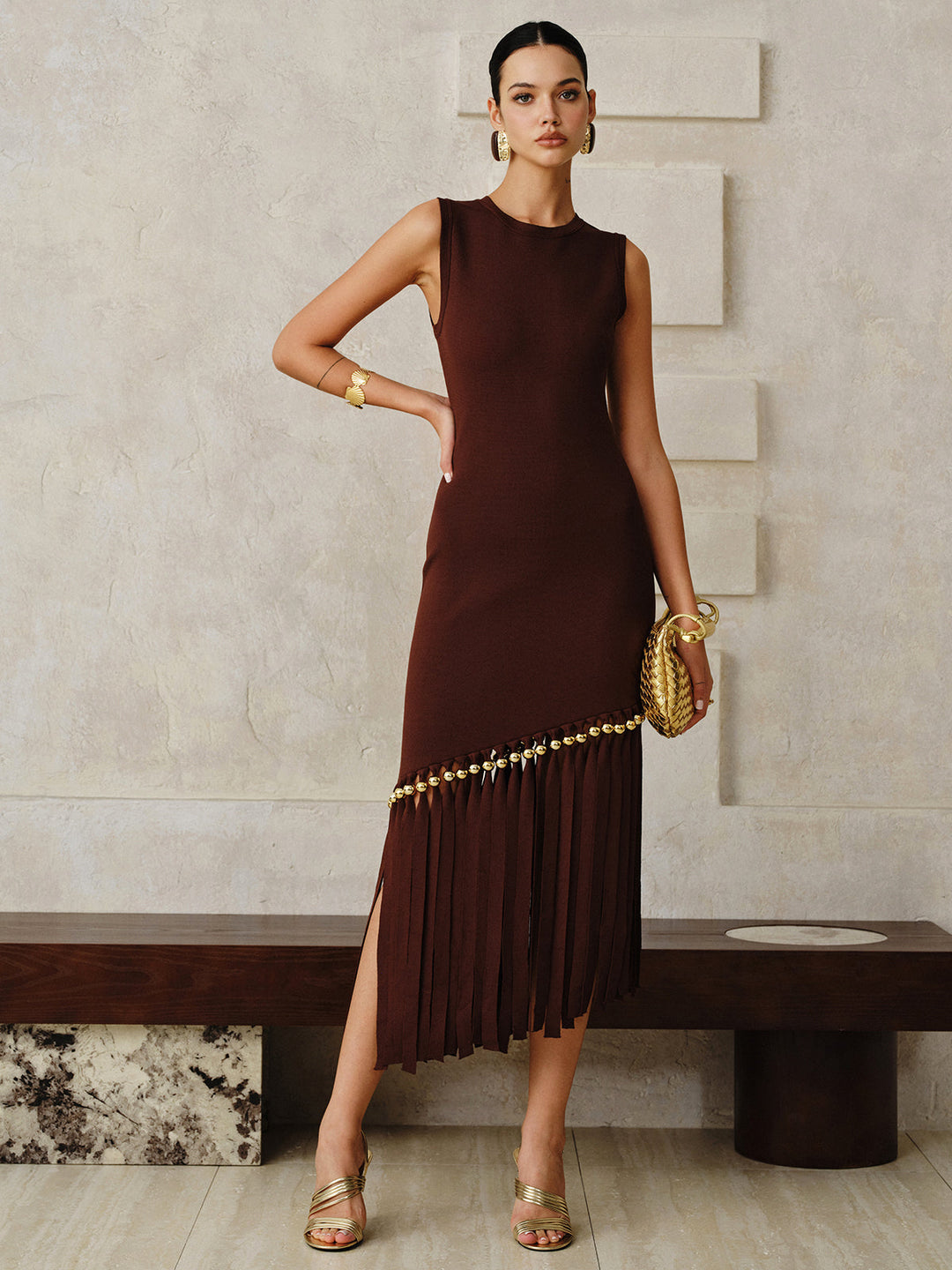 Asymmetric Fringe Metal Bead Detail Maxi Dress  Liora Lane Boutique Sweater Dresses Dark Brown / XL 99.00