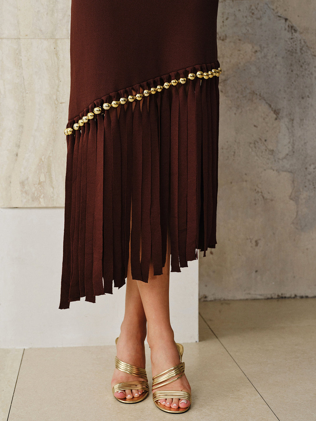 Asymmetric Fringe Metal Bead Detail Maxi Dress  Liora Lane Boutique Sweater Dresses