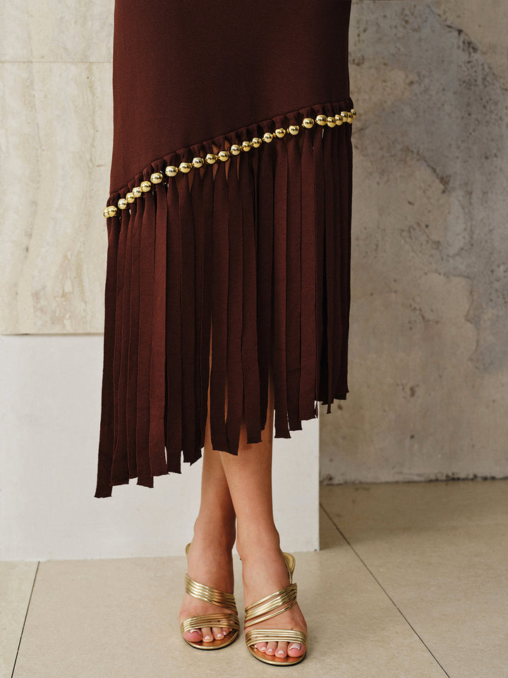 Asymmetric Fringe Metal Bead Detail Maxi Dress  Liora Lane Boutique Sweater Dresses