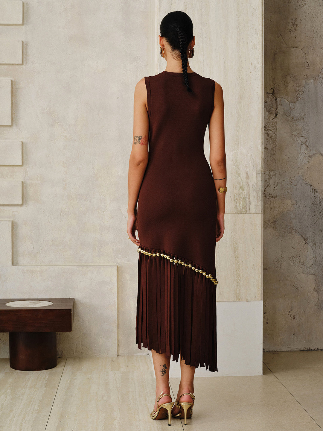 Asymmetric Fringe Metal Bead Detail Maxi Dress  Liora Lane Boutique Sweater Dresses